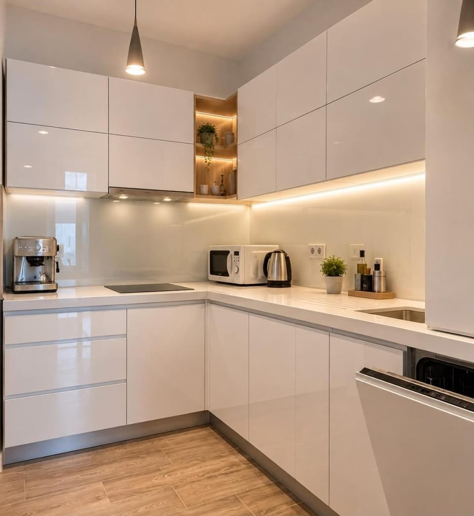 Kitchen or kitchenette, stove