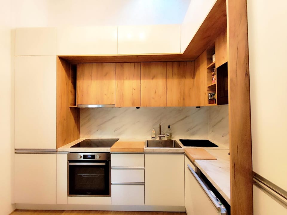 Kitchen or kitchenette, dishwasher, oven, stove