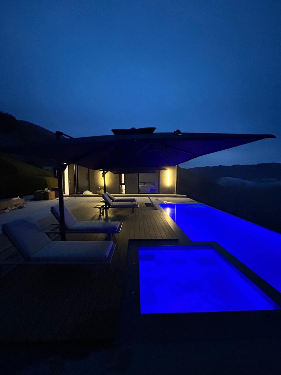Patio, Night, Natural landscape, Pool view, Swimming pool