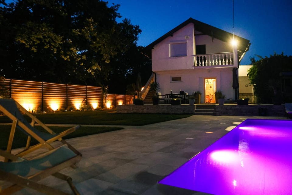Property building, Night, Garden, Swimming pool