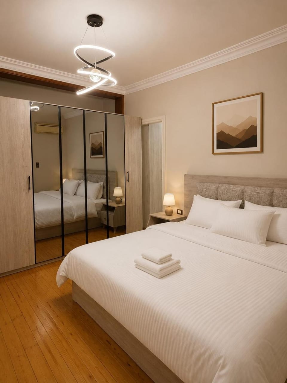 Bed, Photo of the whole room, Bedroom, towels, wardrobe