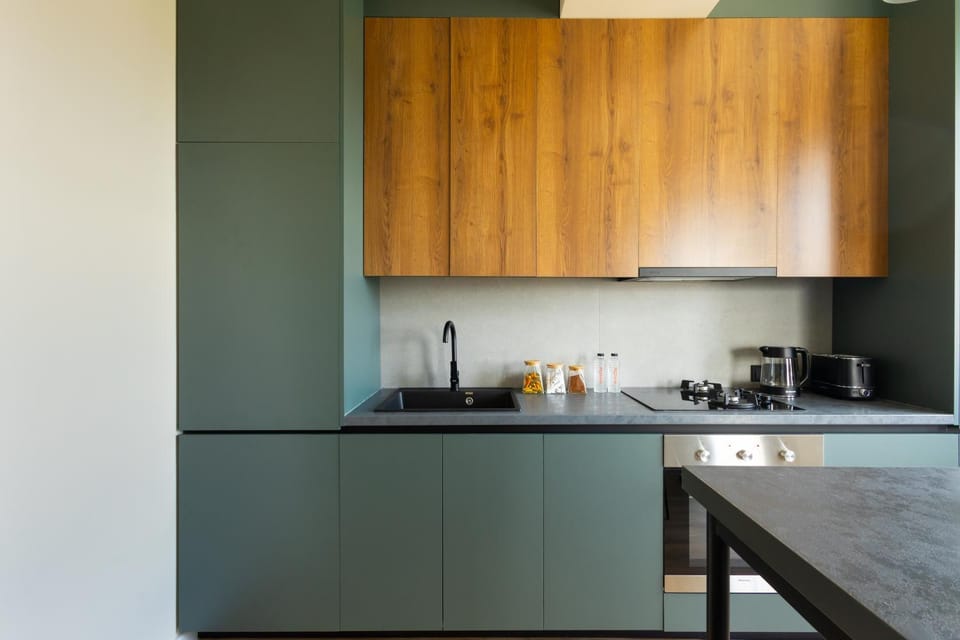 Kitchen or kitchenette, stove