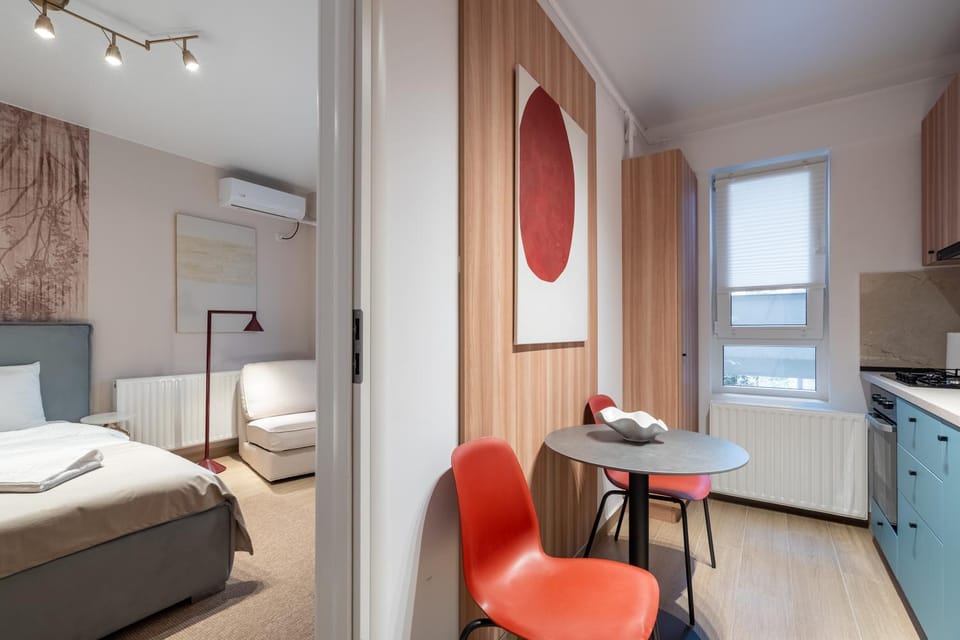 Kitchen or kitchenette, Living room, Dining area, towels, air conditioner