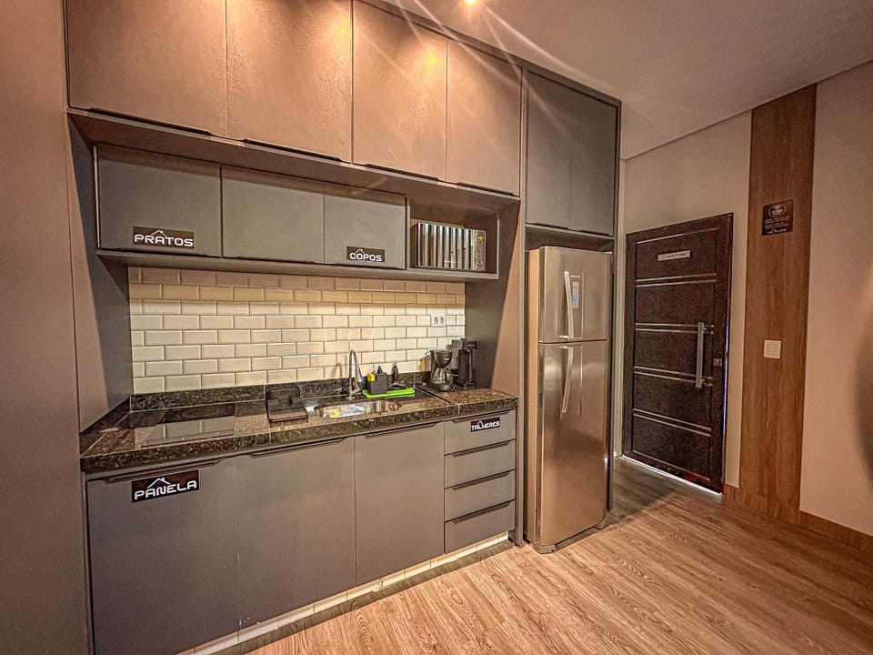 Kitchen or kitchenette, minibar, stove, wardrobe