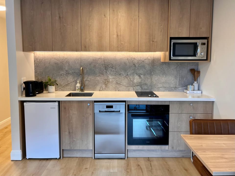 Kitchen or kitchenette, dishwasher, oven, stove, toaster