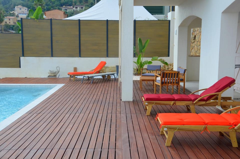 Patio, Natural landscape, Pool view, Swimming pool, sunbed