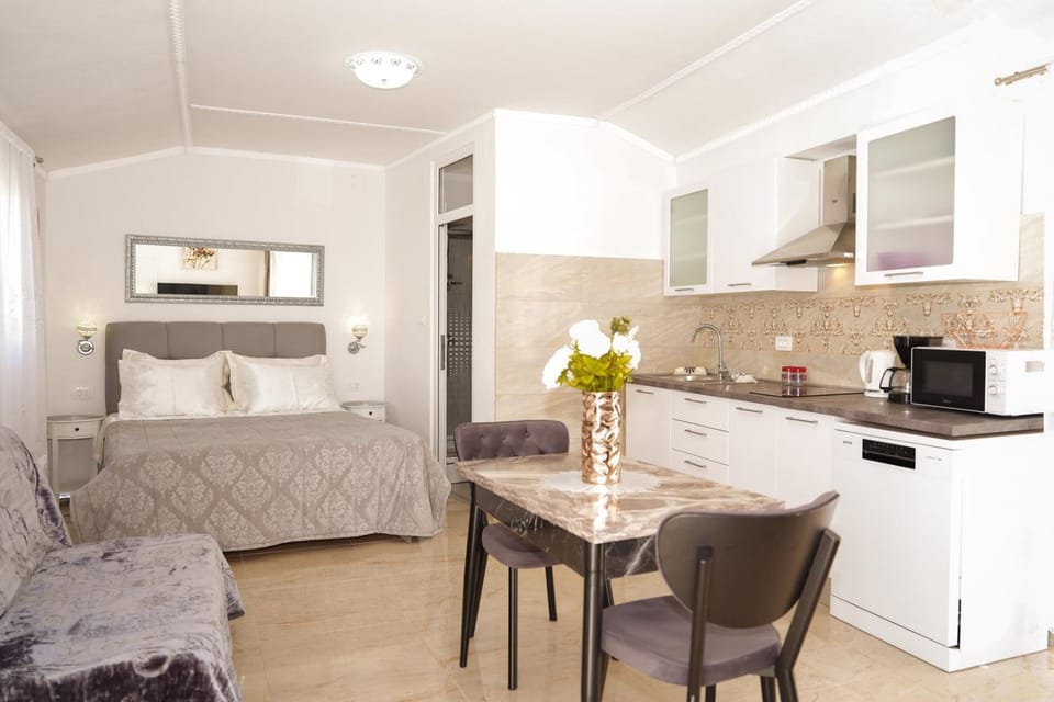 Bed, Kitchen or kitchenette, Living room, Seating area, Dining area