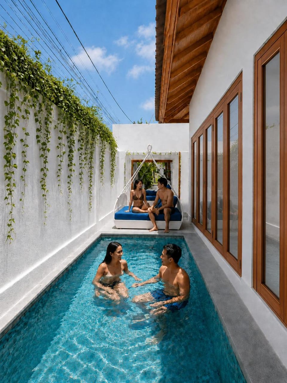 Swimming pool, group of guests, sunbed