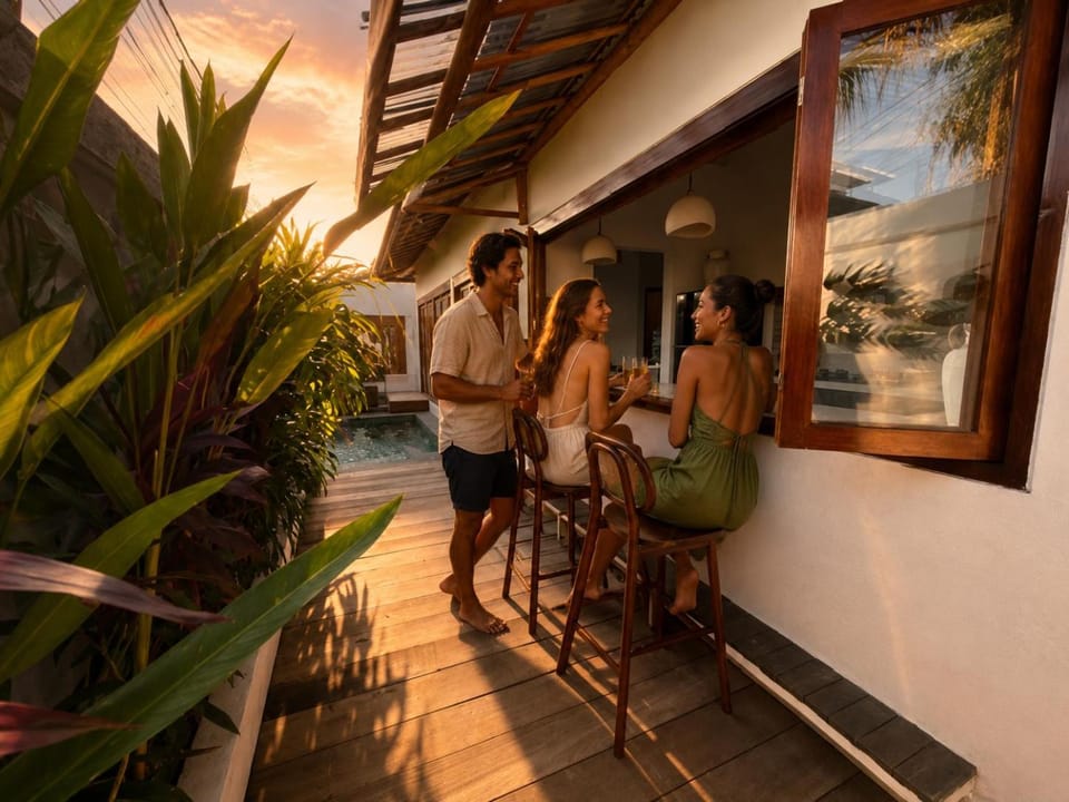 Property building, Swimming pool, Sunset, group of guests