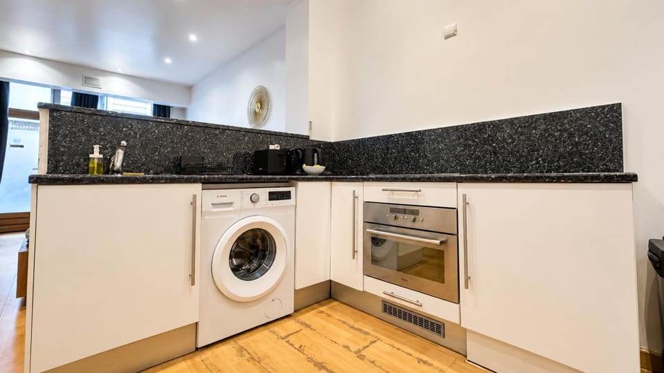 Kitchen or kitchenette, dishwasher, oven, stove