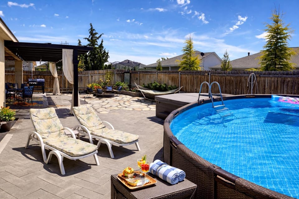 Patio, Spring, Day, Natural landscape, Pool view, Swimming pool, sunbed