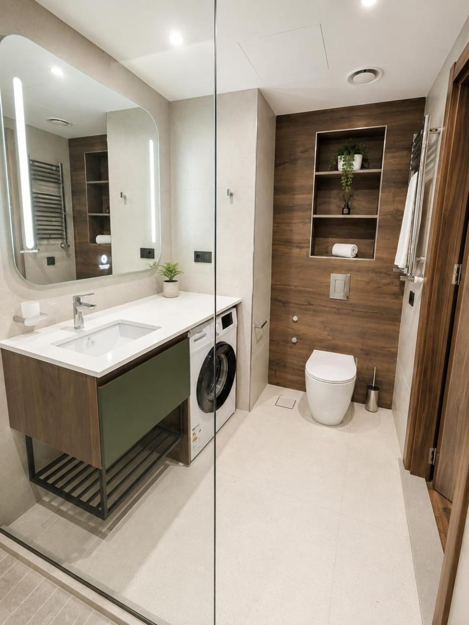 Shower, Toilet, Bathroom, bidet, towels, washing machine, dryer