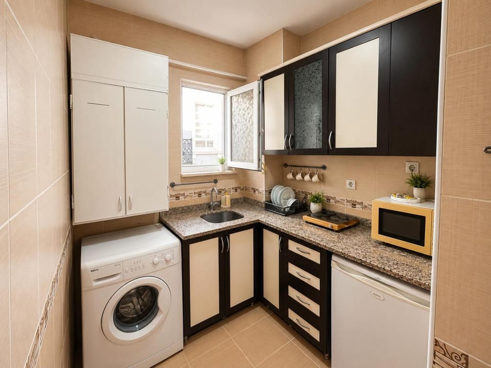 Kitchen or kitchenette, dishwasher, minibar, stove, washing machine