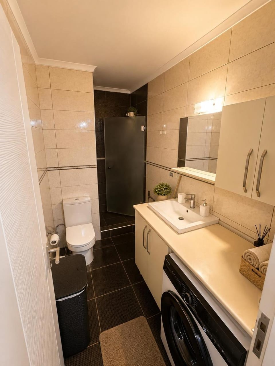 Shower, Toilet, Bathroom, towels, washing machine, dryer