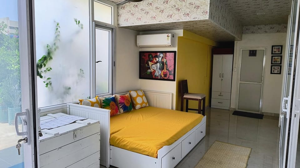 Bed, wardrobe