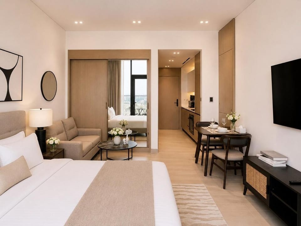 Stylish Designer Studio Balcony l Gym Pool access Apartment in Dubai