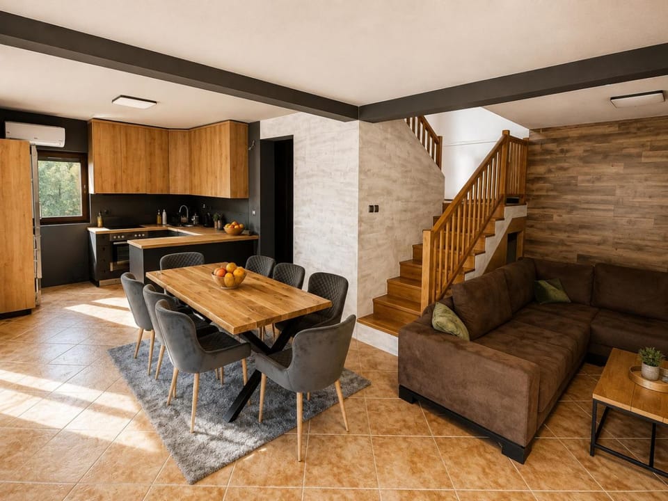 Kitchen or kitchenette, Living room, Seating area, Dining area