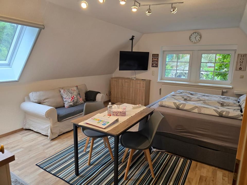 Bed, TV and multimedia, Living room, Photo of the whole room, Seating area, Bedroom