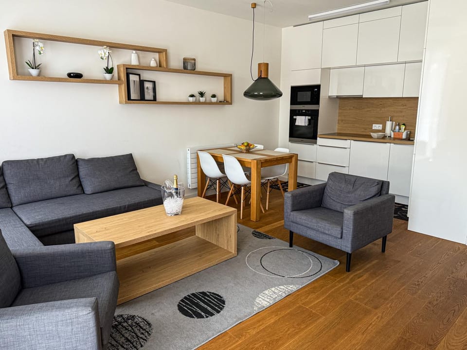 Kitchen or kitchenette, Living room, Seating area, Dining area, oven