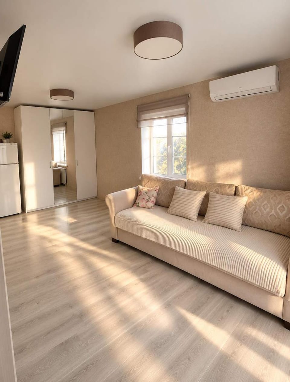 Living room, Seating area, wardrobe, kitchen, kitchen, air conditioner