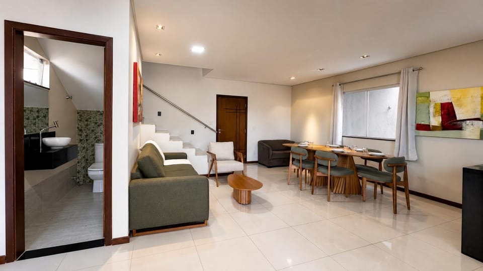 Bathroom, Kitchen or kitchenette, Living room, Seating area, Dining area