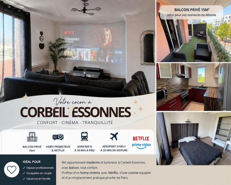 Instant Corbeil 3 piece Balcon Projecteur Apartment in Corbeil-Essonnes