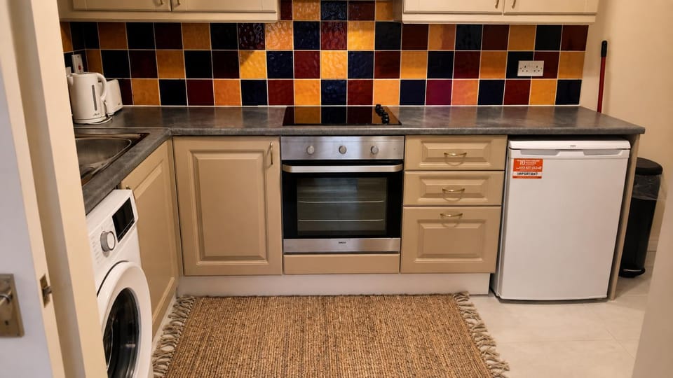 Kitchen or kitchenette, dishwasher, oven, toaster, washing machine