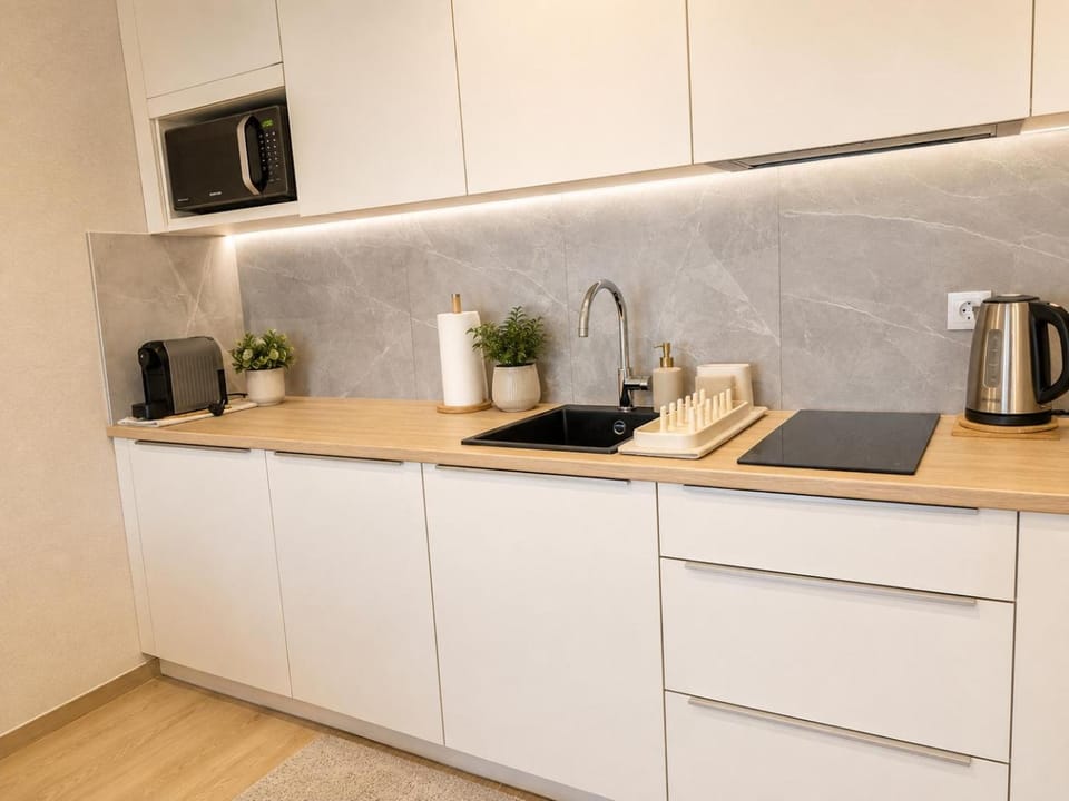 Kitchen or kitchenette, stove