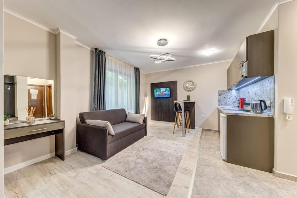 Kitchen or kitchenette, Living room, Seating area, Dining area