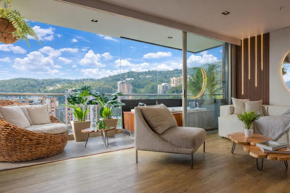 Day, Natural landscape, View (from property/room), Balcony/Terrace, Living room, Seating area, Mountain view