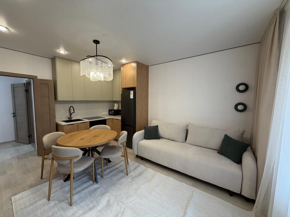 Kitchen or kitchenette, Living room, Seating area, Dining area, stove
