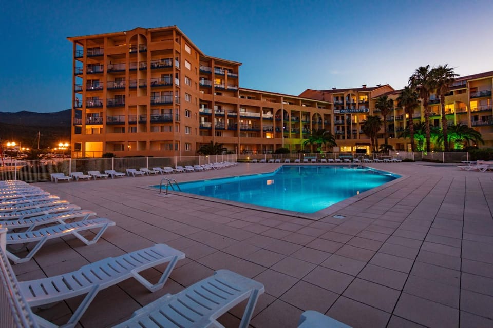 Property building, Patio, Swimming pool, Sunset