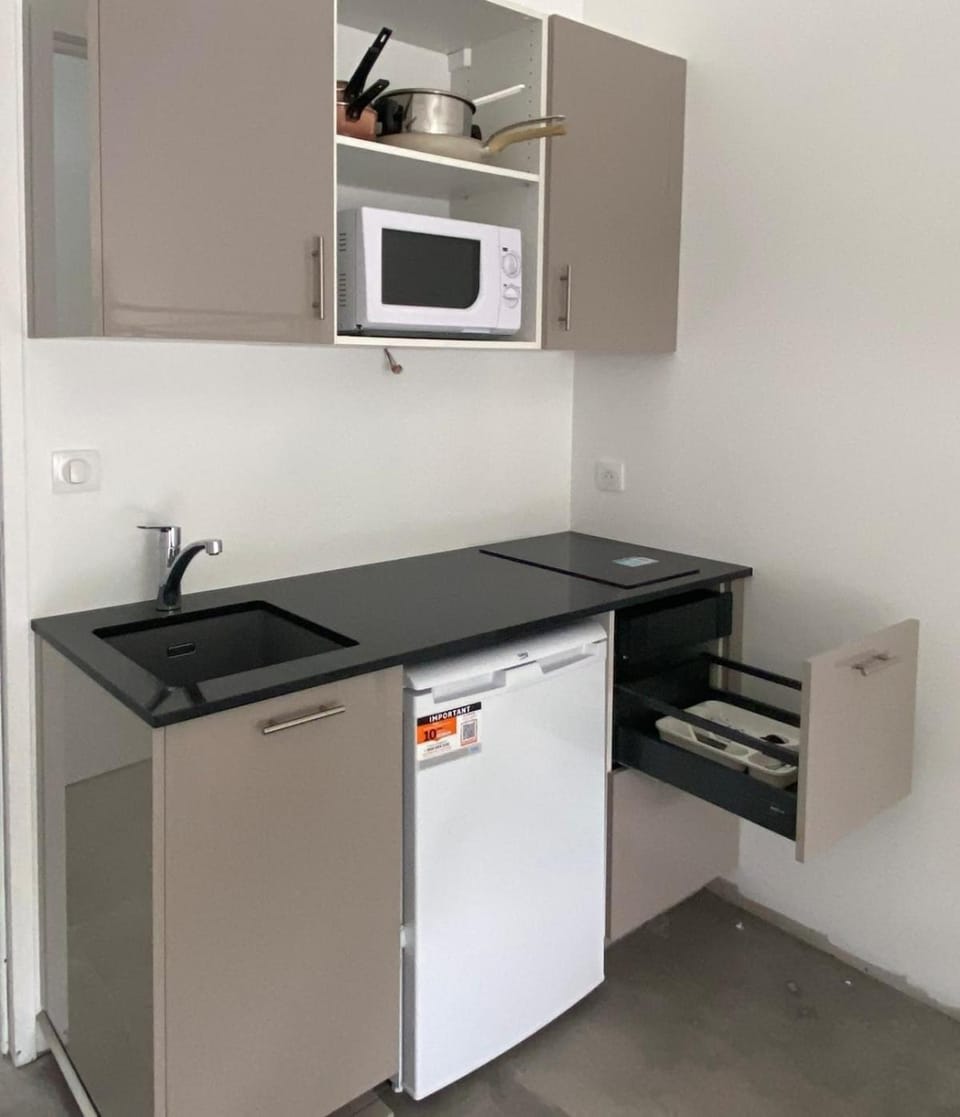 Kitchen or kitchenette, microwave, stove