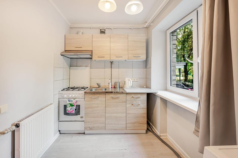 Kitchen or kitchenette, oven