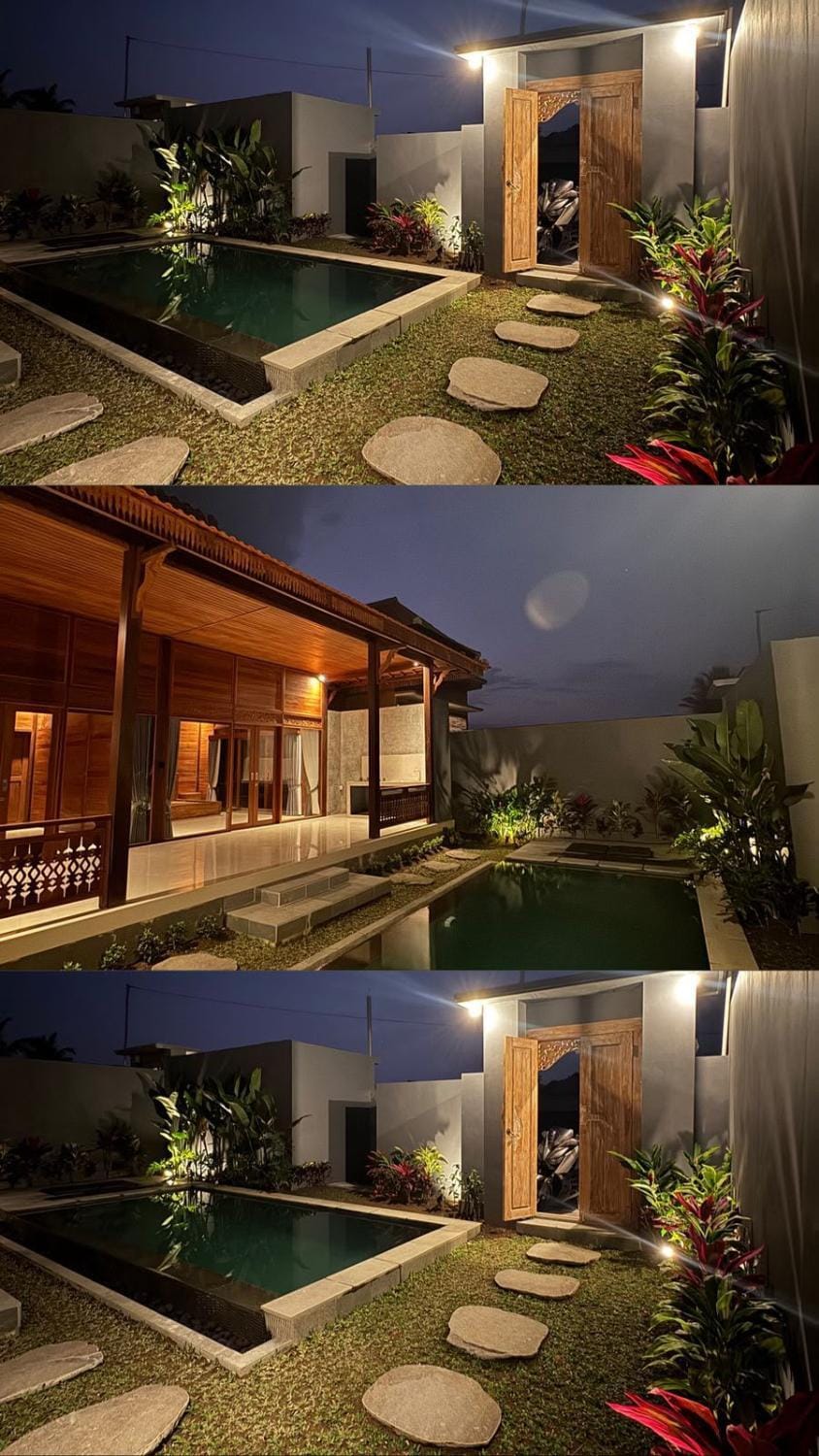 Property building, Patio, Night, Natural landscape, Garden, Garden view, Pool view, Swimming pool
