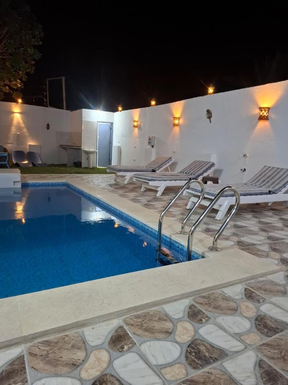 Patio, Night, Balcony/Terrace, Pool view, Swimming pool, sunbed
