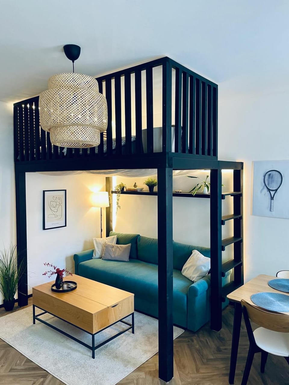 Bed, Living room, Seating area, Dining area