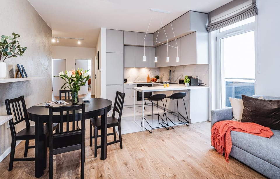 Kitchen or kitchenette, Living room, Seating area, Dining area, stove