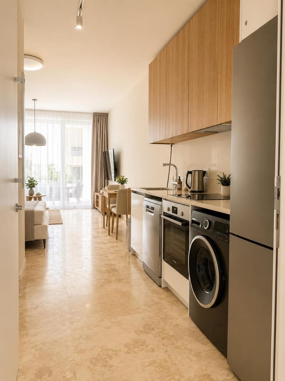 Kitchen or kitchenette, dishwasher, stove, washing machine