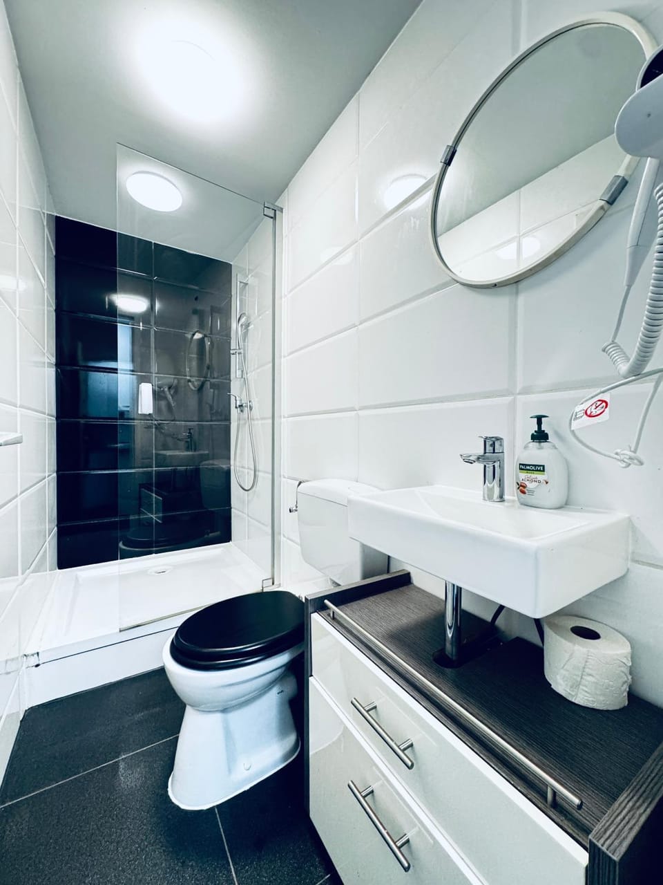 Shower, Toilet, Bathroom, hair dryier, towels