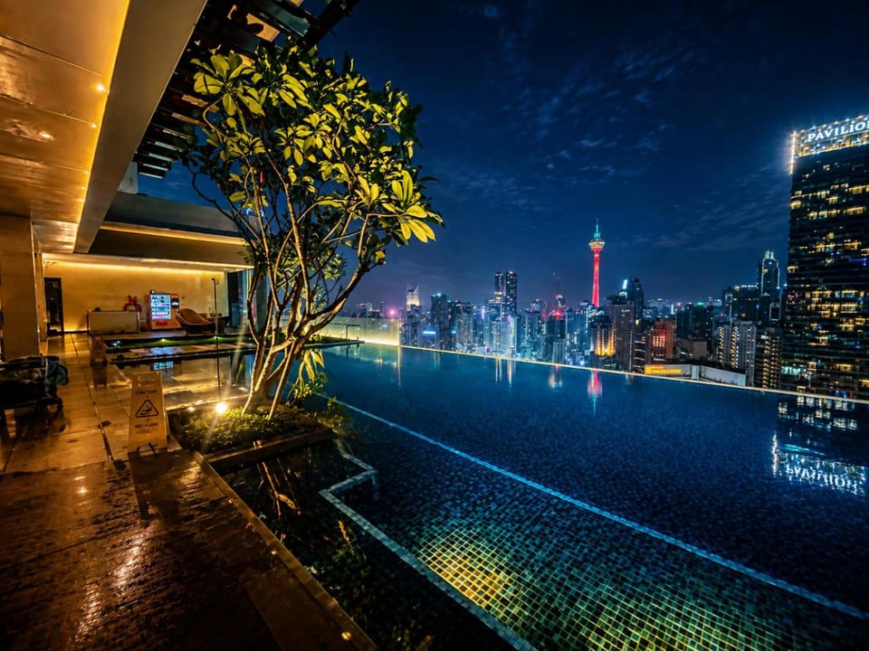 Property building, Night, Natural landscape, City view, Pool view, Swimming pool