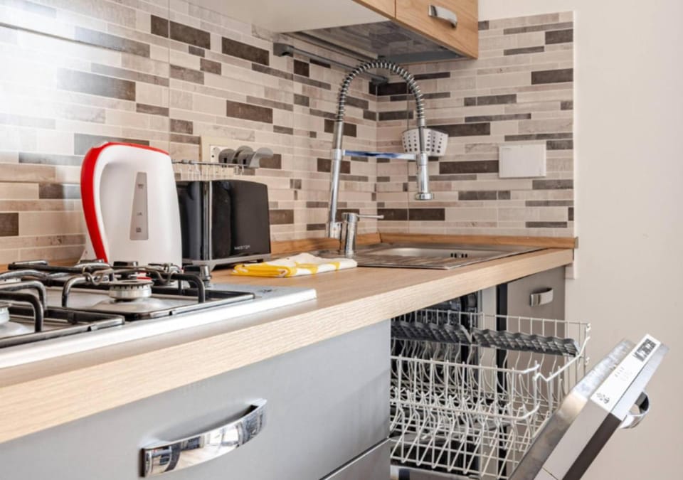 Kitchen or kitchenette, dishwasher, minibar, stove
