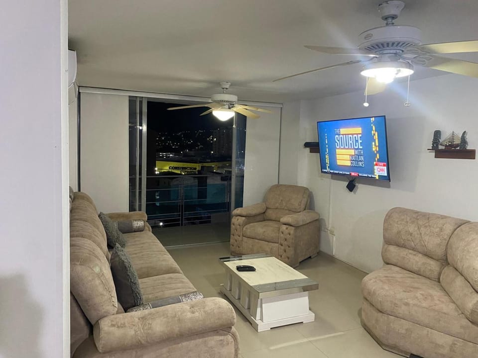 View (from property/room), Balcony/Terrace, Living room, City view, air conditioner