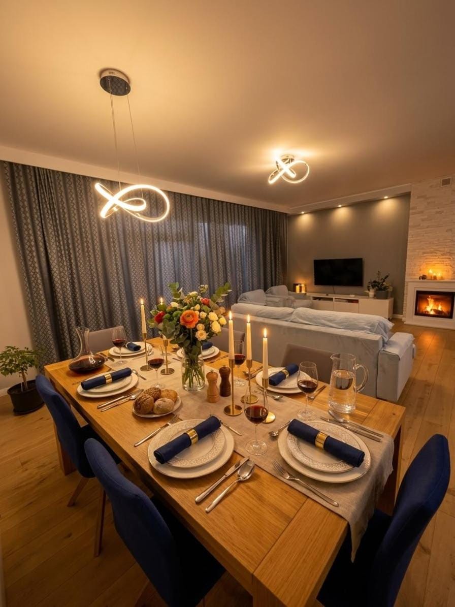 TV and multimedia, Kitchen or kitchenette, Living room, Seating area, Dining area, Food, Dinner, fireplace