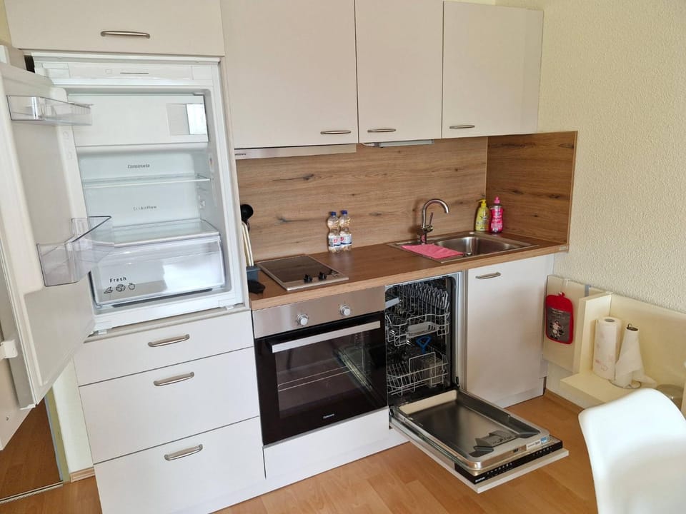 Kitchen or kitchenette, dishwasher, oven, stove