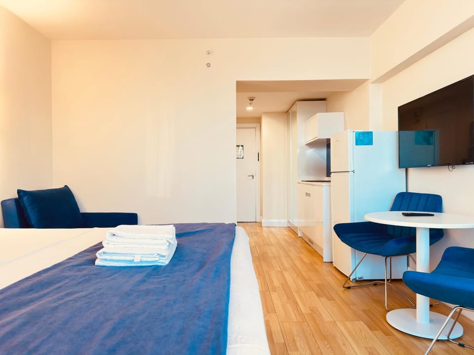 Bed, TV and multimedia, Kitchen or kitchenette, Living room, Photo of the whole room, Seating area, Bedroom, hair dresser, towels