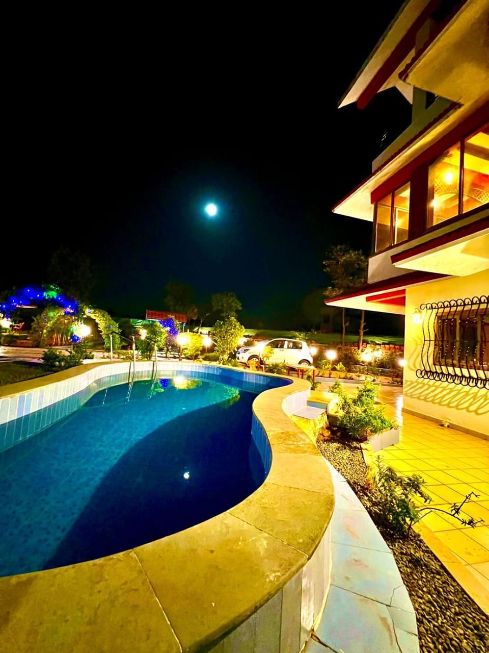 Property building, Night, Pool view, Swimming pool