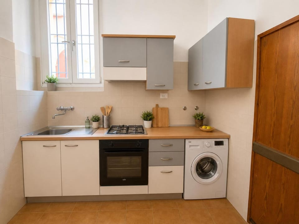 Kitchen or kitchenette, oven, stove, washing machine