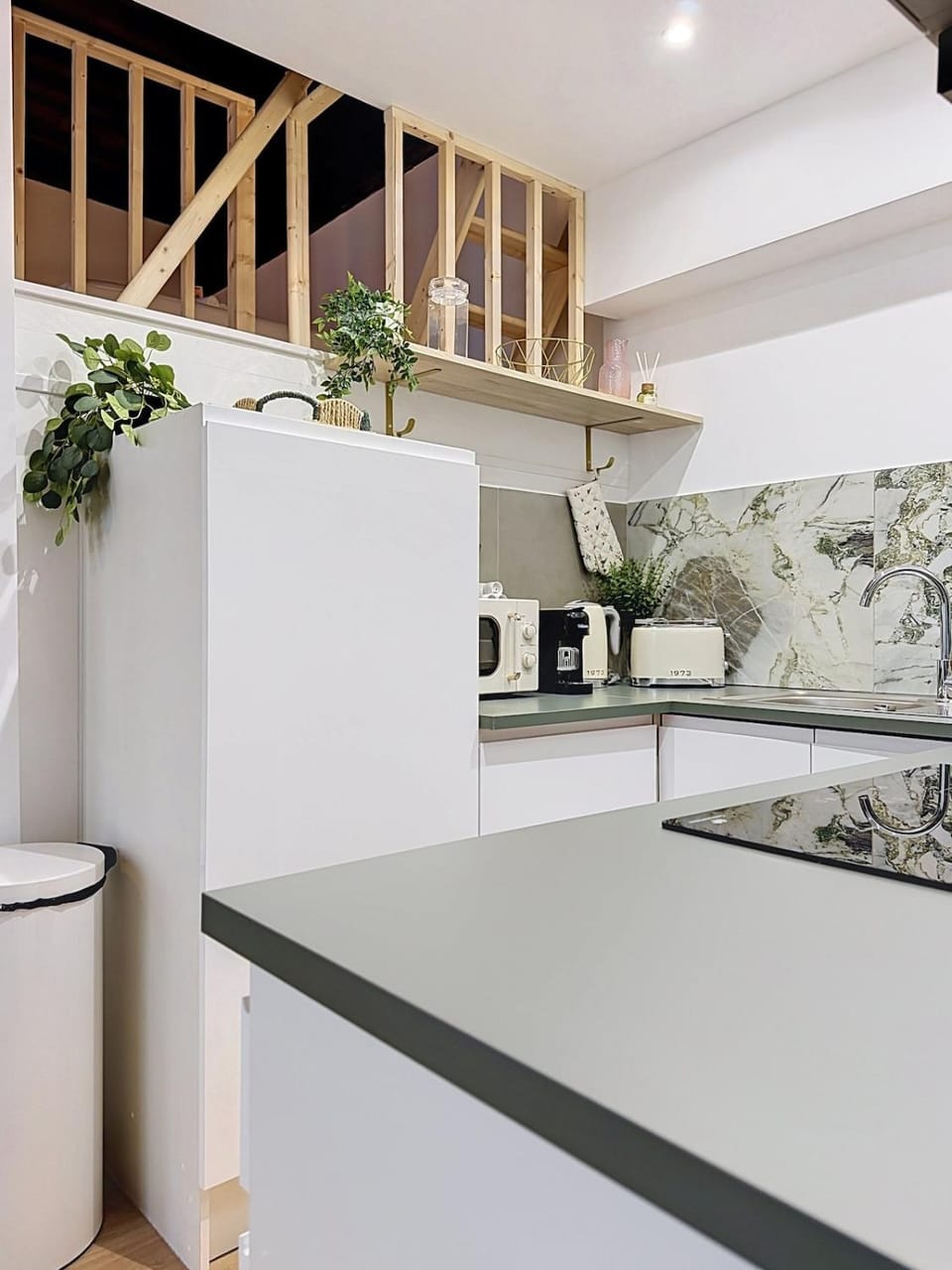 Kitchen or kitchenette, stove