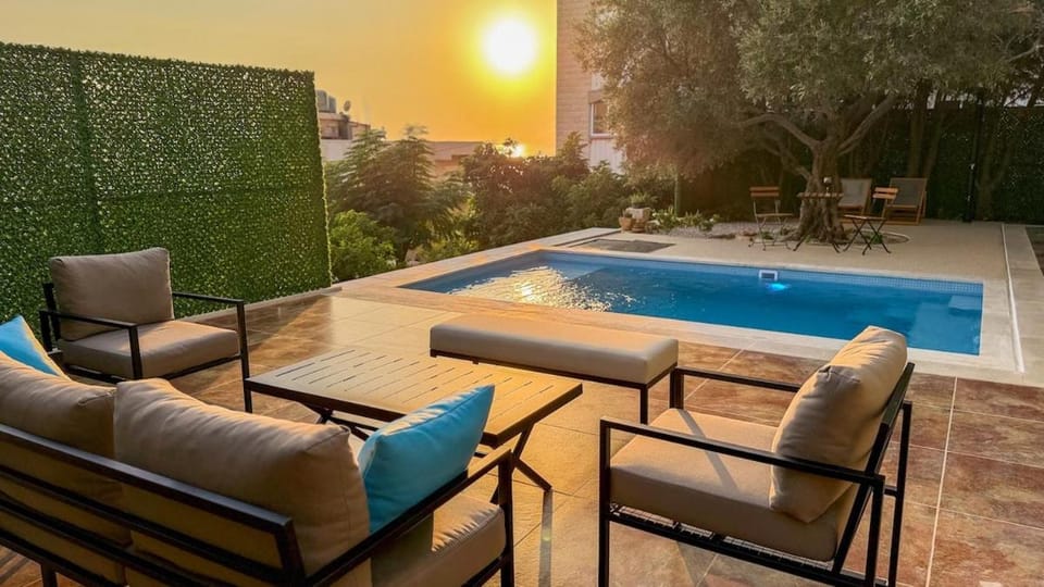 Patio, Day, Natural landscape, Seating area, Pool view, Swimming pool, Sunrise, Sunset, sunbed